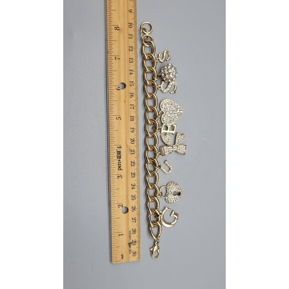 Guess Gold Tone Clear Rhinestone Heart Bow Dangle Charm Chain Link Bracelet B1A - Picture 9 of 11